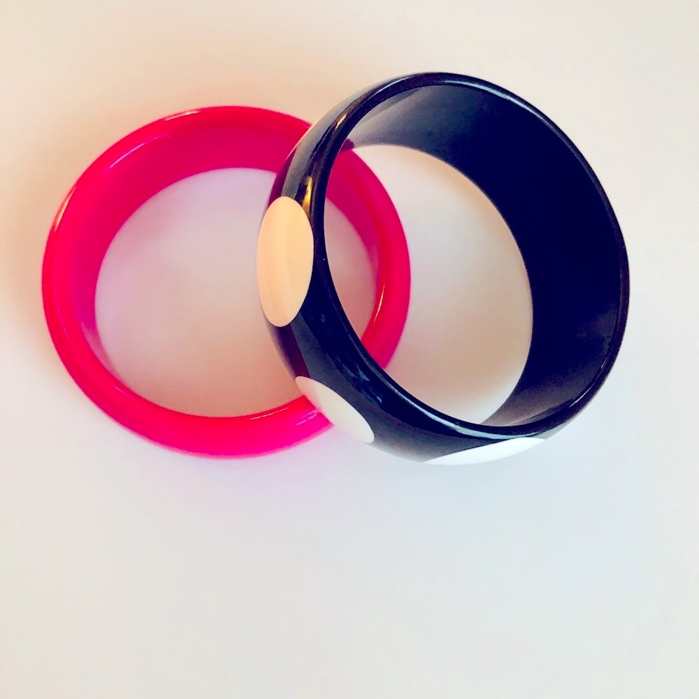 Pink and Black 1980s Revival Polka Dot Bangles with FLAW